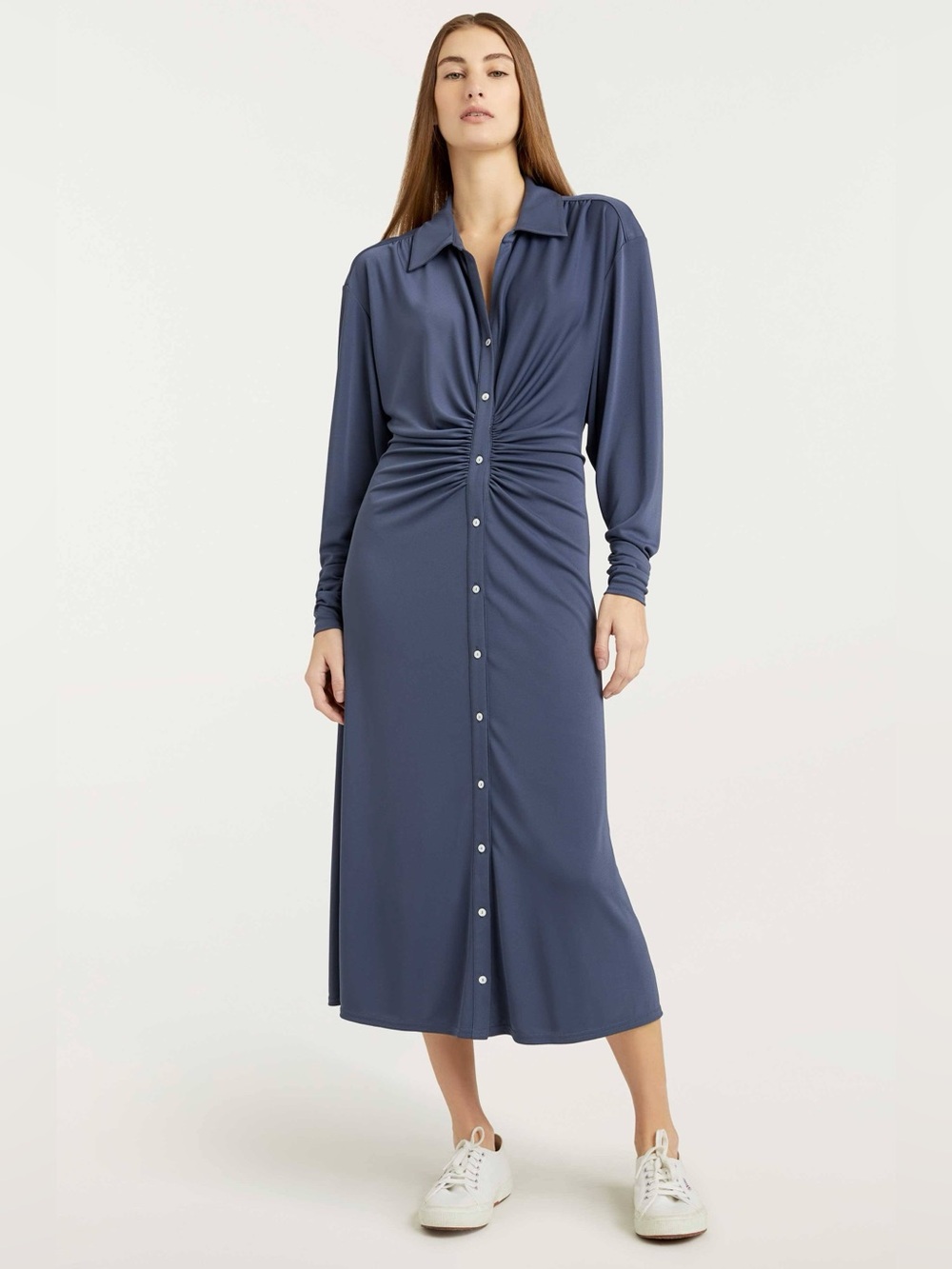 NWT Cinq a Sept Ruched Long Sleeve Midi Shirt Dress in Dusty Blue XS